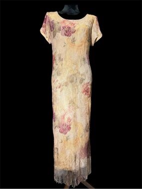 Virgo Cream Maxi Dress with Pink and Purple Floral Print and Fringe Hem